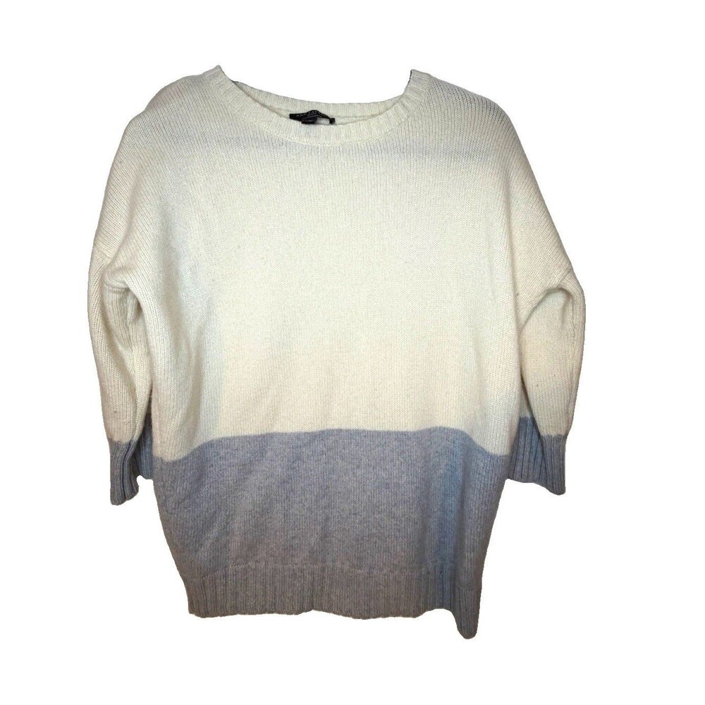 Ann Taylor Ivory/Gray Colorblock 100% Cashmere Knit Crew Neck Sweater Small